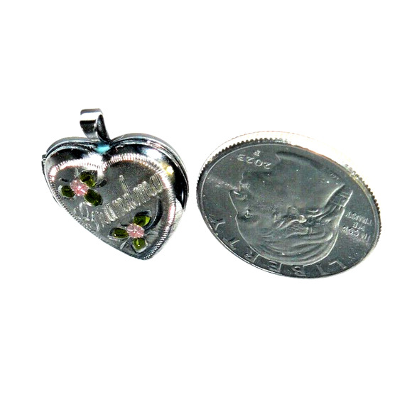 Grandma Pink/Green Floral Heart Puffed Locket Charm Pendant 925 Sterling Silver - Picture 2 of 6